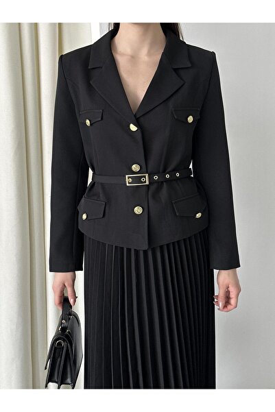 Laluvia Black Button Detailed Jacket Pleated Skirt Set