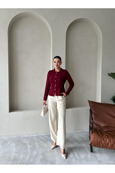 Laluvia Claret Red Cindy Polo Collar Cardigan