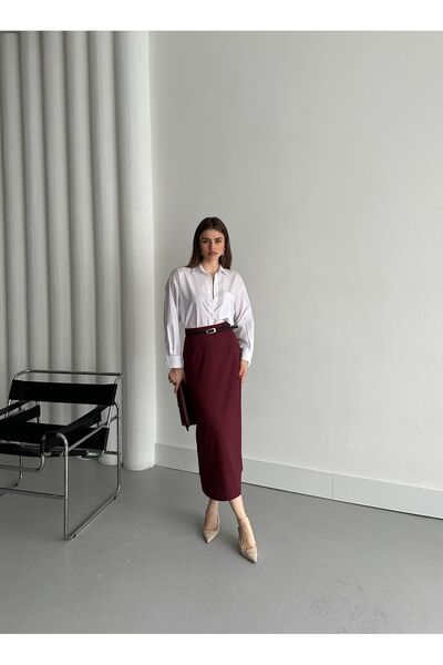 Laluvia Burgundy Belted Pencil Skirt - 1232
