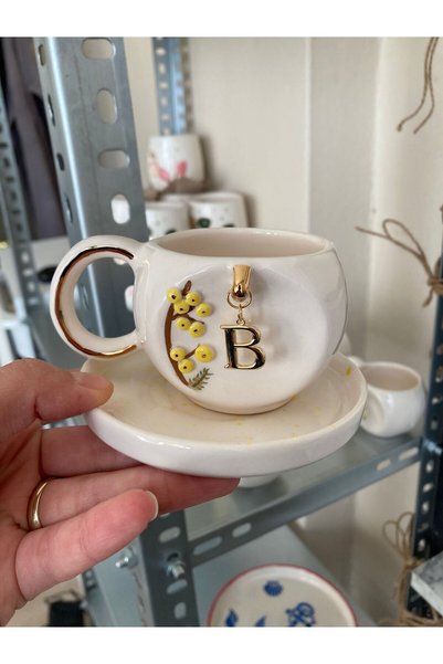 Ceresshop Handmade Ceramic Cup with Interchangeable Letter Charms (Specify the Letter in a Message after Ordering)