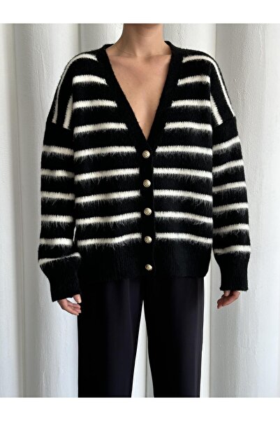 Laluvia Černo-ecru měkký kardigan s příčnými pruhy