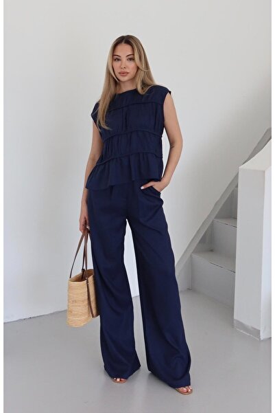 Laluvia Navy Blue Milora Blouse Pants Set