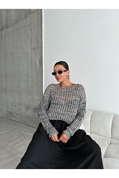 Laluvia Schwarz-Ecru Spitzen-Pullover mit U-Boot-Ausschnitt und Pailletten