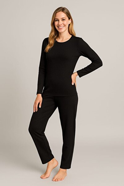 enmodaiçgiyim Set de pijamale pentru femei cu dungi negre – mâneci lungi, potrivire confortabilă, țesătură moale, elastică
