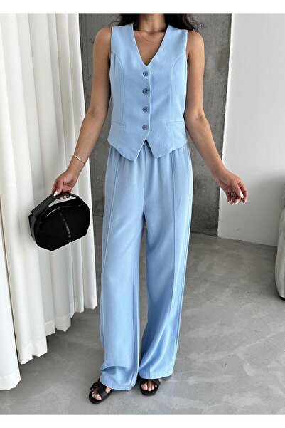 Laluvia Kék 100% pamut Lavin vászon mellény nadrág szett