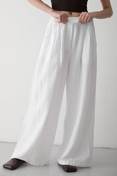 Laluvia White 100% Cotton Side Button Wide Leg Trousers - 3508