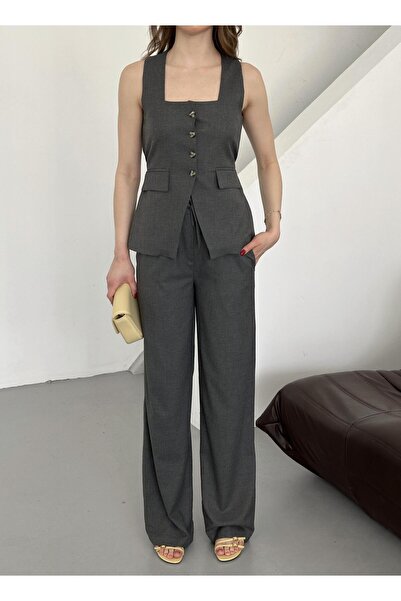 Laluvia Anthracite Square Neck Vest Pants Set