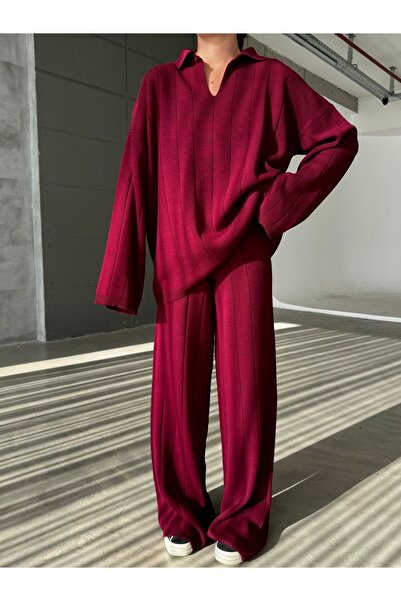 Laluvia Burgundy Freya Polo Neck Ribbed Knitwear Set - 5022