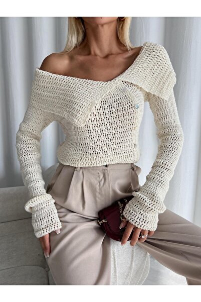 Laluvia Cream Collar Rustic Knitted Cardigan