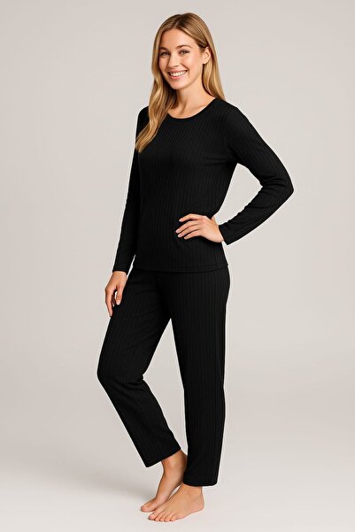 enmodaiçgiyim Black Striped Women's Pajama Set – Long Sleeve, Comfortable Fit, Soft Fabric, Stretchy