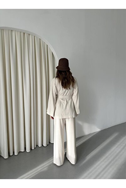 Laluvia Natural Romina Raw Linen Jacket Pants Set