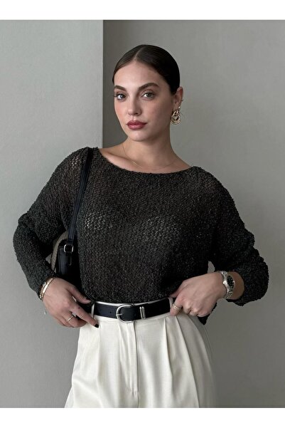 Laluvia Khakifarbener Spinnen-Strickpullover mit entspanntem Schnitt