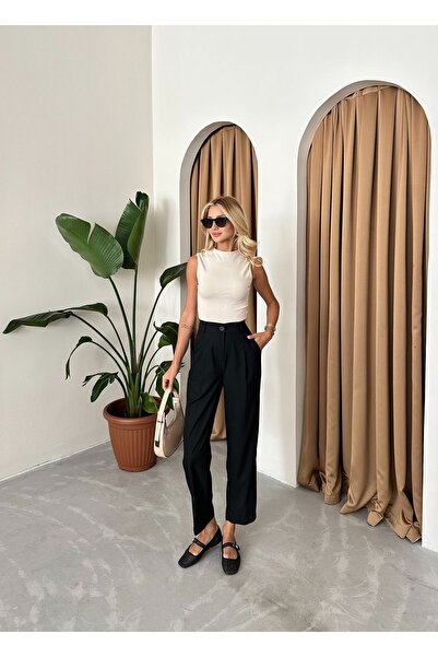 Laluvia Antracitové kalhoty z polyvisconové tkaniny s mrkvovým střihem