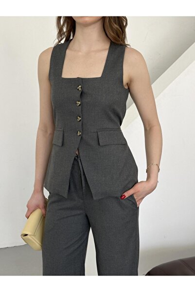 Laluvia Anthracite Square Neck Vest Pants Set