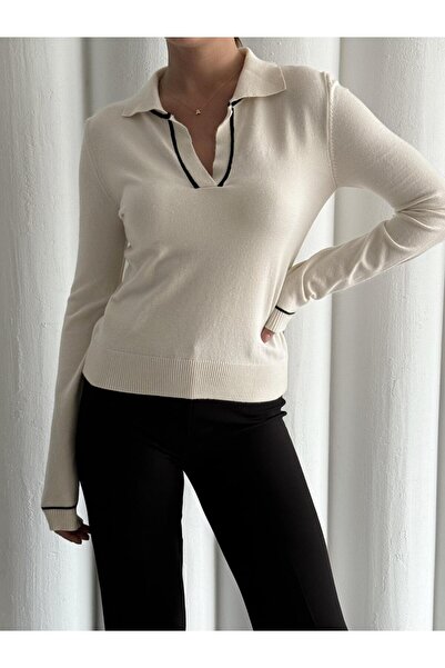 Laluvia Κρεμ μακρυμάνικη μπλούζα πλεκτό με λαιμόκοψη πόλο