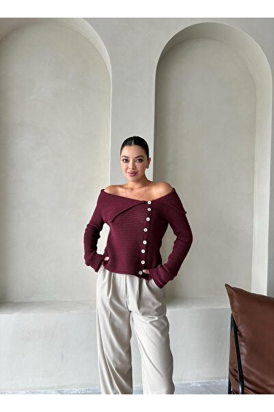 Laluvia Burgundy Collared Rustic Knitted Cardigan