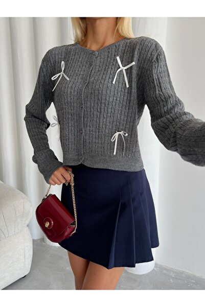 Laluvia Kardigan s knoflíky a mini stužkou, kouřově modrá barva