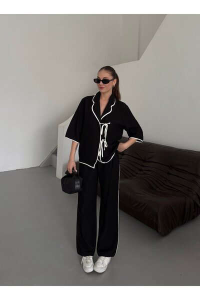 Laluvia Black - Natural Ribbed Blouse Pants Set