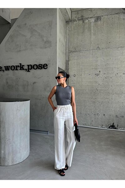 Laluvia Beige Striped Linen Trousers