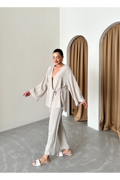 Laluvia Ecru Double Breasted Cotton Kimono Pants Set