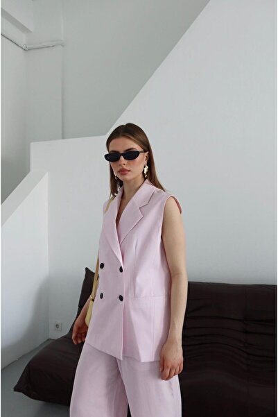 Laluvia Pink Black Buttoned Vest Pants Set