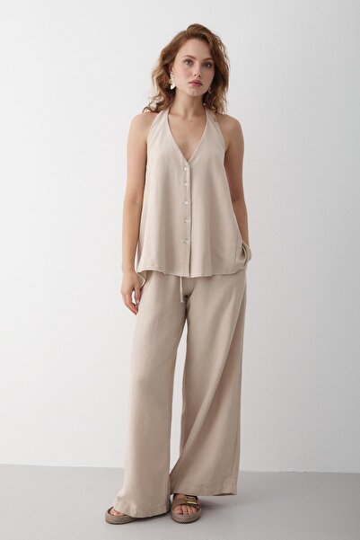 Laluvia Beige Back Tie Detail Blouse and Pants Set