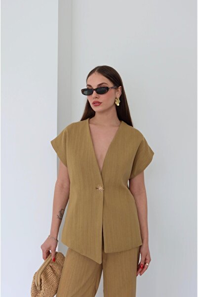 Laluvia Mustard 100% Cotton Sun Buttoned Vest Pants Set