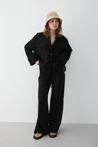 Laluvia Black Textured Shirt and Pants Set