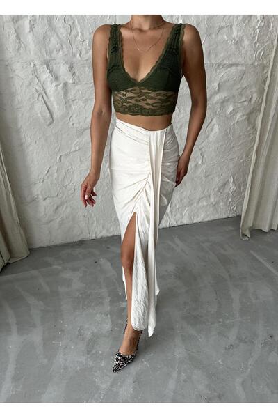 Laluvia Front Gathered Natural Midi Skirt