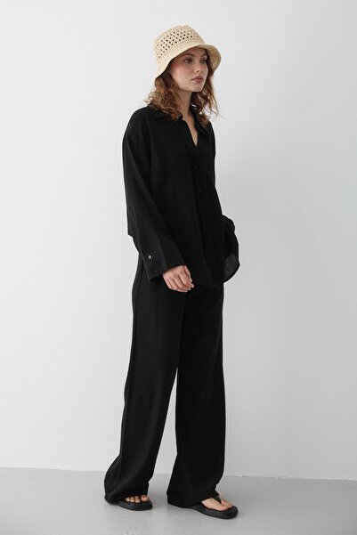 Laluvia Black Textured Shirt and Pants Set