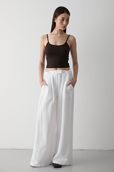 Laluvia White 100% Cotton Side Button Wide Leg Trousers - 3508
