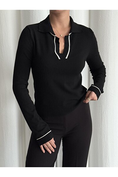Laluvia Black Sky Long Sleeve Polo Neck Knitwear Blouse