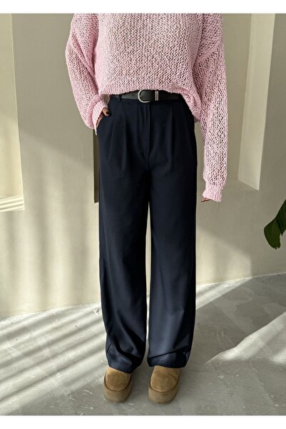 Laluvia Marineblaue Palazzo-Hose mit Idole-Gürtel-3510