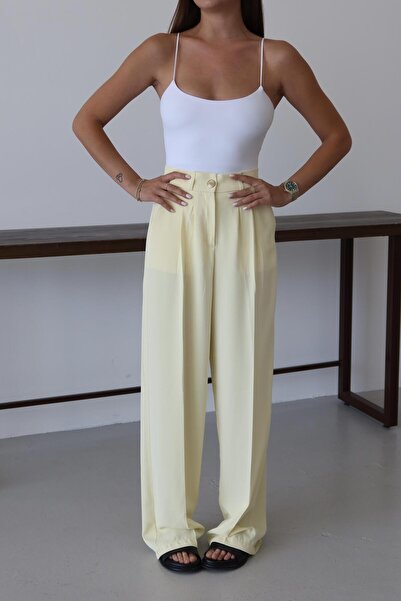 Laluvia Yellow Gold Buttoned Elastic Waist Palazzo Trousers
