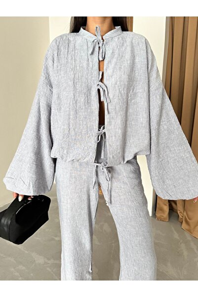 Laluvia Graues Set aus Hemd und Hose mit Ballonärmeln – Bindeband vorne