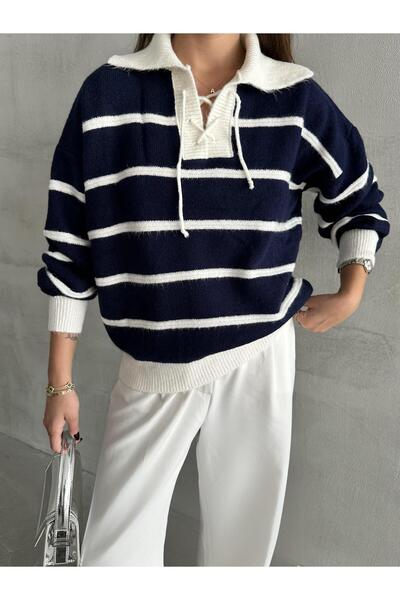 Laluvia Sötétkék Mike Polo nyakú ekrü csíkos elülső csipke kötöttáru pulóver