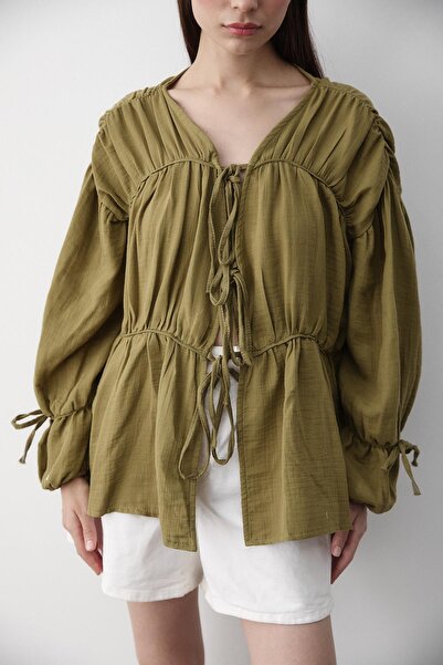 Laluvia Haki %100 Pamuk Kolu Lastikli Müslin Gömlek