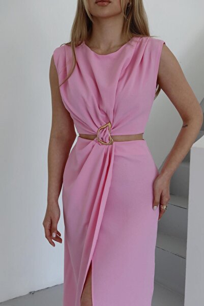 Laluvia Pink Front Buckle Side Cutout Dress