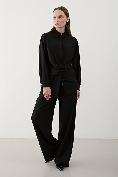 Laluvia Black Gold Accessory Buttoned Shirt Pants Set - 8856