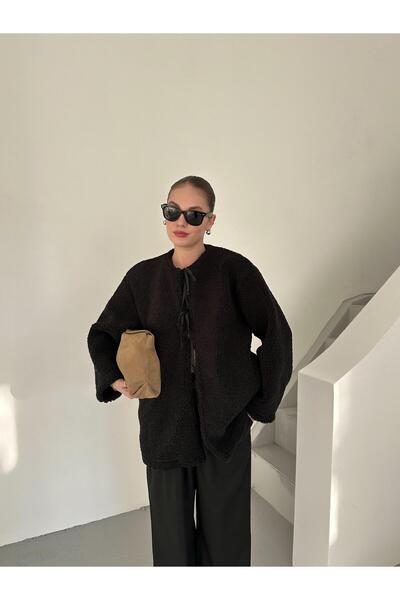 Laluvia Černá Teddy bunda se zavazováním vpředu