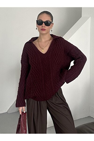 Laluvia Burgunderroter Pullover mit geflochtenen Plättchen