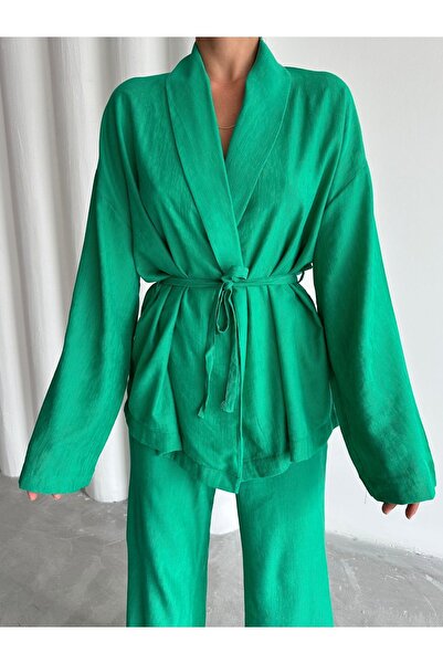 Laluvia Green Kimono and Trousers Set - Shawl Collar