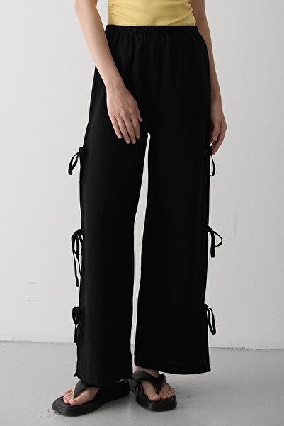 Laluvia Black 100% Cotton Pants with Side Slits and Tie Detail