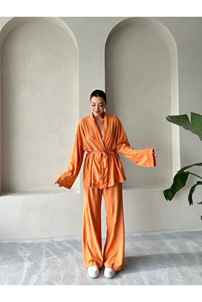 Laluvia Green Shawl Collar Kimono Pants Set