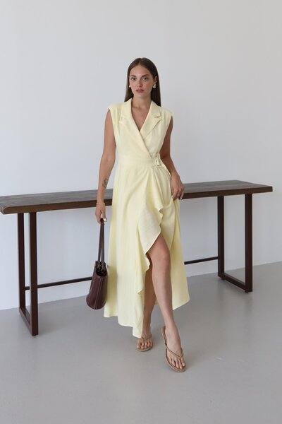 Laluvia Yellow 100% Cotton Double Breasted Buckle Dress