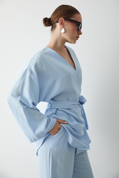 Laluvia Kék pamut kimonó széles szárú nadrág szett