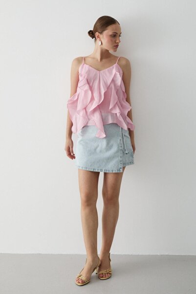 Laluvia Pink Ruffled Strap Blouse