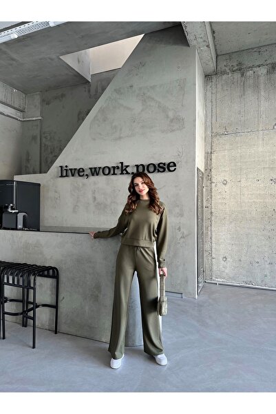 Laluvia Khakifarbenes Sweat-Hosenset mit weitem Bein