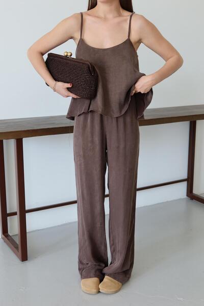 Laluvia Brown Satin Look Suspender Blouse Pants Set