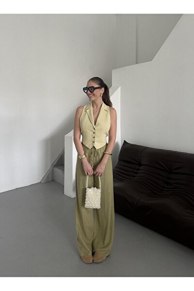 Laluvia Haki %100 Keten Palazzo Pantolon